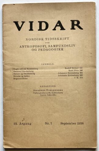 VIDAR. Nordisk tidsskrift for antroposofi, samfundsliv og pedagogikk. 23. årgang. Nr. 7. September 1938.